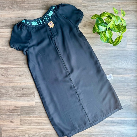 Tory Burch Lottie Turquoise Embroidered Yoke Black Silk Shift Mini Dress Size 12 - Picture 11 of 16